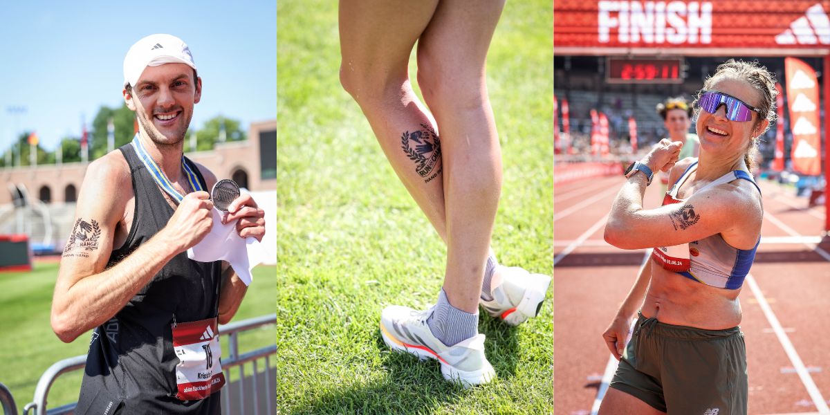 Löpare visar upp sina Hand in Hand-tatueringar efter att ha avslutat Stockholm Marathon.